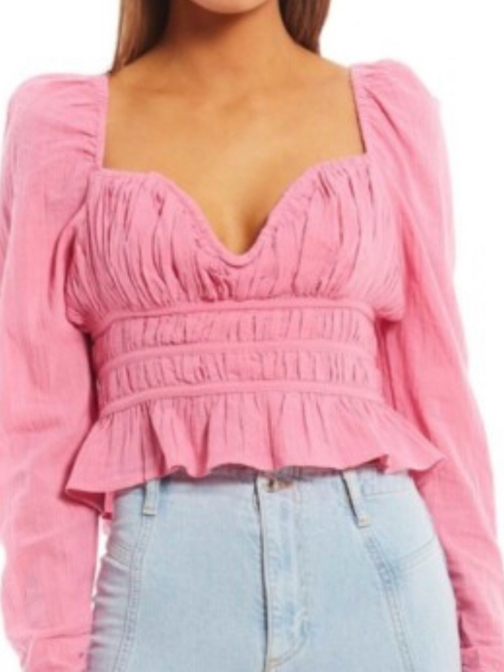 Free People Pink Smocked Peplum Long-Sleeve Top NWT